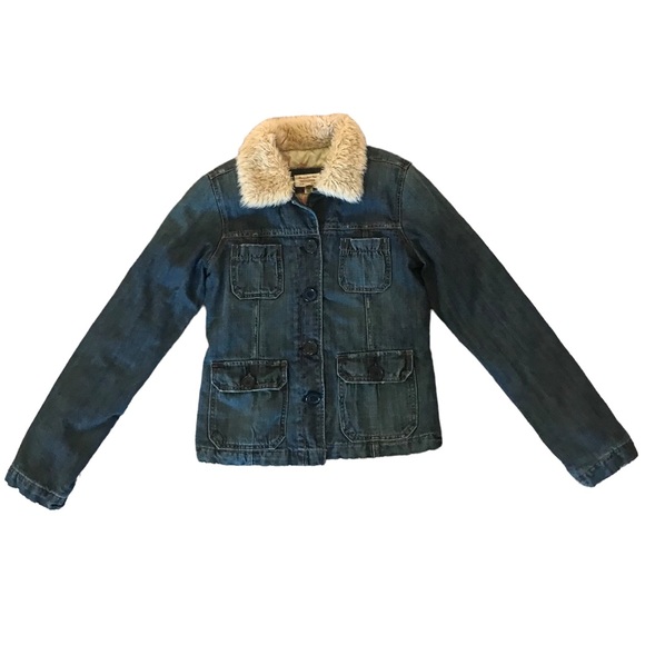 Abercrombie & Fitch Jean Jacket Faux Fur Collar Medium Lined Button Down Pockets - Picture 9 of 11